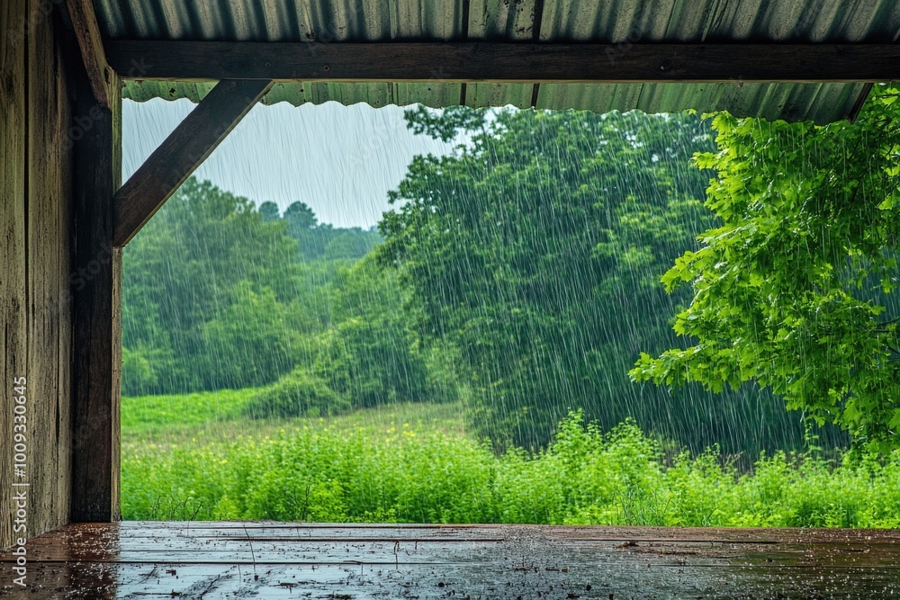Poster a rainy day scene from a covered porch with a blurred background, perfect for use in weather-related