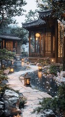 Fototapeta premium An elegant Su-style courtyard, with winding paths leading to a clear pond, pavilions intricately carved, accompanied by pine, bamboo, and plum trees