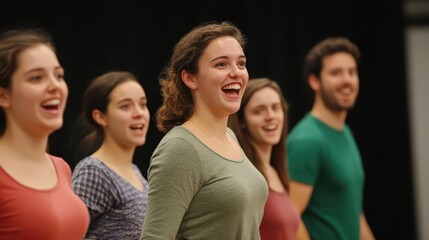 A lively theater rehearsal, where actors and the director are in full motion, perfecting the scenes before the actual performance