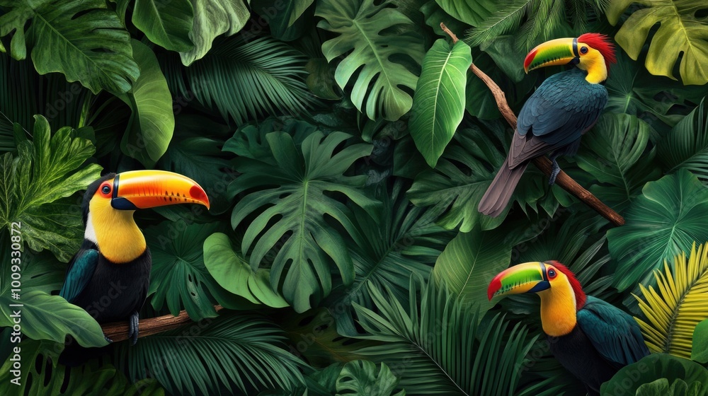 Poster a group of birds perched on the lush green foliage of a forest, creating a serene atmosphere