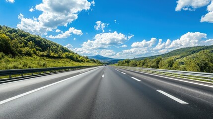 A stunning POV image from a car driving on an empty highway during a sunny day. Ideal for themes of journey, open road, or serene driving experiences.