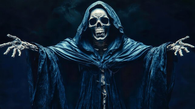 A skeletal figure in a black hood and blue cloak with outstretched arms against a dark background, accentuated by cinematic lighting and hyperrealistic detail - Powered by Adobe