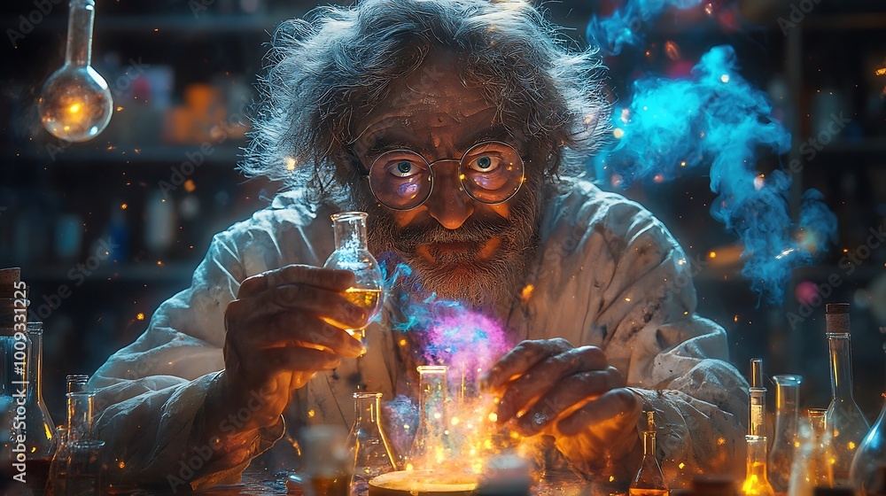 Poster an old scientist with a white lab coat and glasses in a dimly lit laboratory holds a flask and looks
