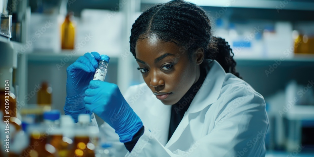 Poster a scientist working in a laboratory setting, wearing a lab coat and blue gloves