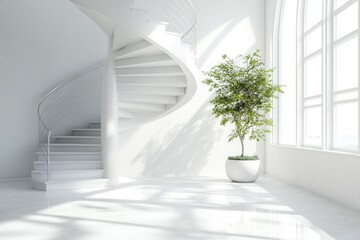 Obraz premium A spiral staircase in a modern white room with a small potted plant