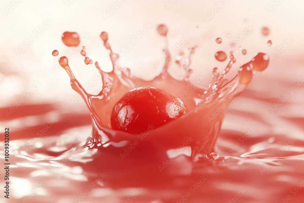 Poster a single cherry falls into a bowl of calm water, creating ripples and reflecting the surrounding env