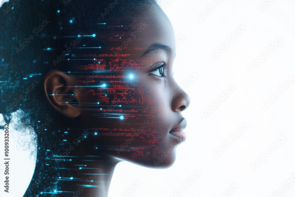 Poster a woman's face with a unique digital pattern design