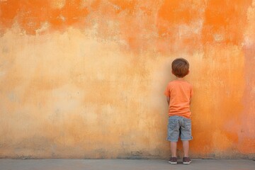 A young boy leans against a wall with his back to the camera