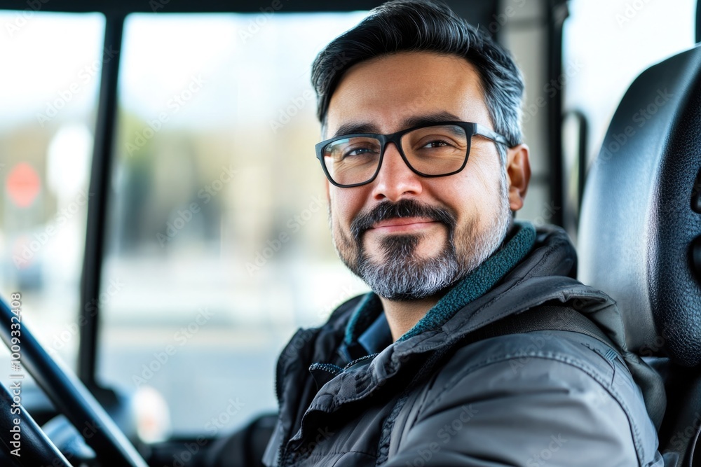 Poster a person sits in the driver's seat of a bus, with a simple background