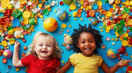 Global daycare collage. diverse toddlers in creative activities for international childcare programs