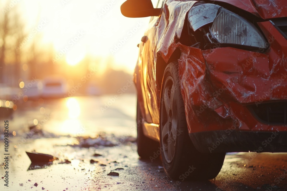 Poster a close-up shot of a red car driving on a wet road, ideal for use in scenes related to transportatio