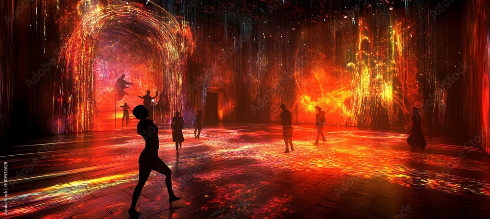 Poster a holographic theater performance where the stage and scenery change dynamically