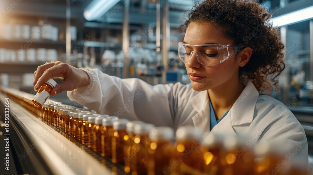 Poster A scientist works on a machine while wearing a lab coat and goggles