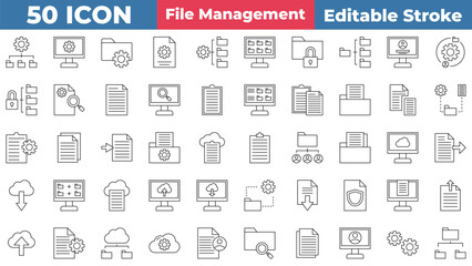 File management icon collection set. Lock,  Containing data, Login,  Search, And More. Editable stroke outline icon.