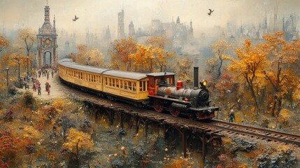 A whimsical train set in a park, with children playing around it, the scene painted in muted tones to evoke a sense of childhood nostalgia 
