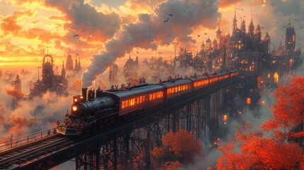 A whimsical train traveling through a vibrant city, with muted colors creating a nostalgic atmosphere, showcasing characters waving from the windows 