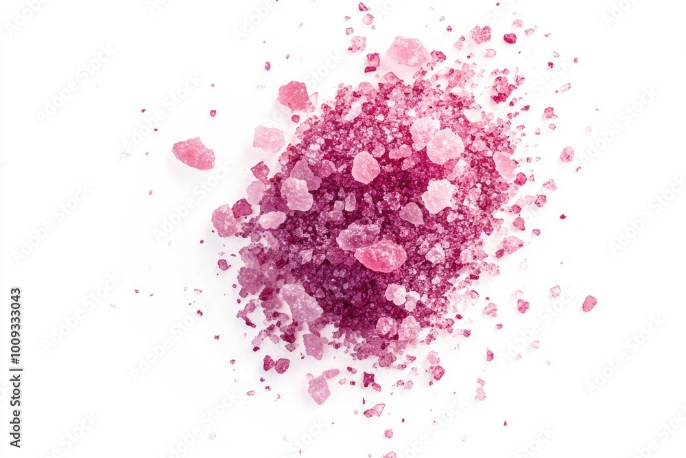 Wall mural A pile of crushed pink sugar sits on top of a white surface, perfect for use in food, confectionery, or baking-related projects