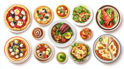 A top-down view of a variety of delicious food dishes on white plates, including pizza, salad, pasta, and seafood.