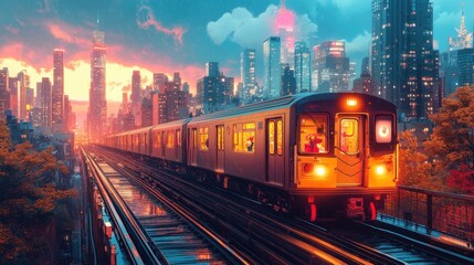 Obraz premium A whimsical train traveling through a vibrant city, with muted colors creating a nostalgic atmosphere, showcasing characters waving from the windows 
