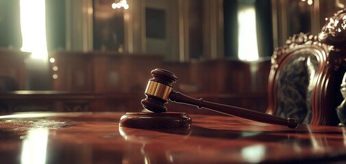 Obraz premium Gavel on a wooden table.
