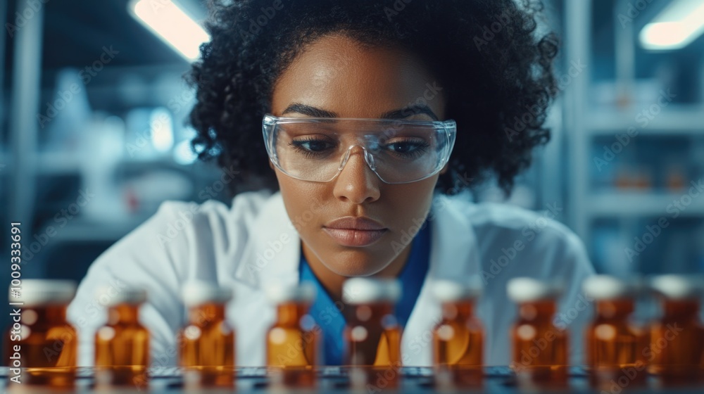 Poster a woman in a lab coat and goggles looks at bottles in a laboratory setting, possibly preparing for e
