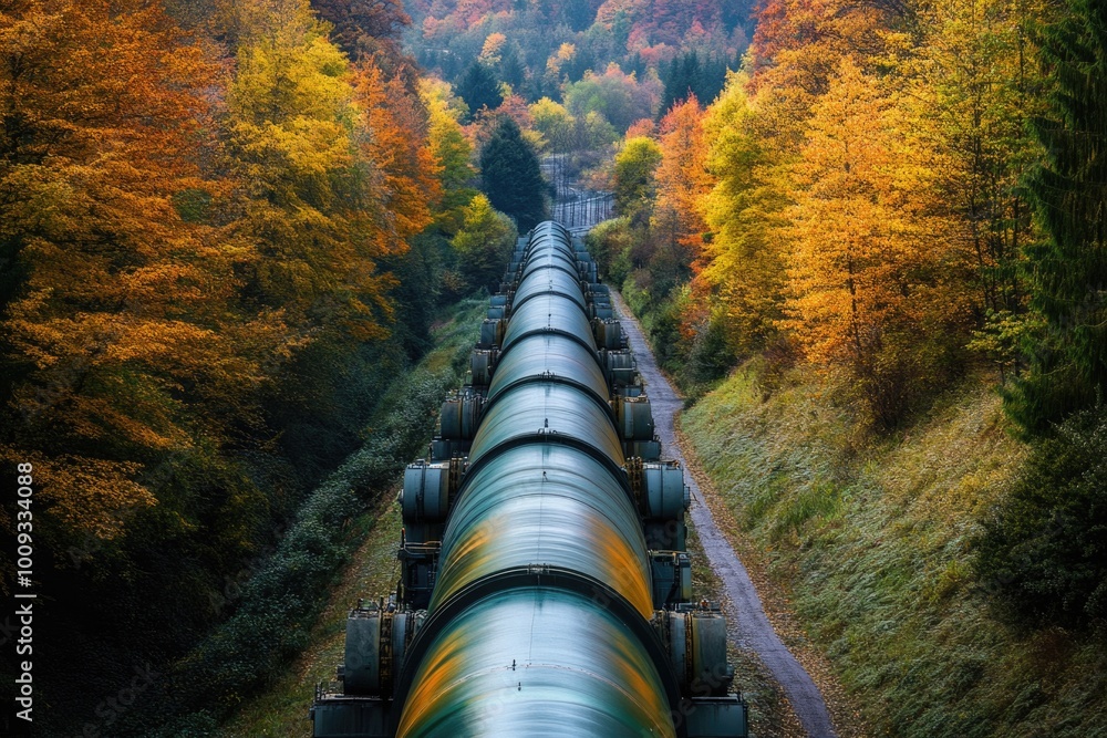 Poster a train moves through a vibrant and dense green forest with trees and foliage surrounding it