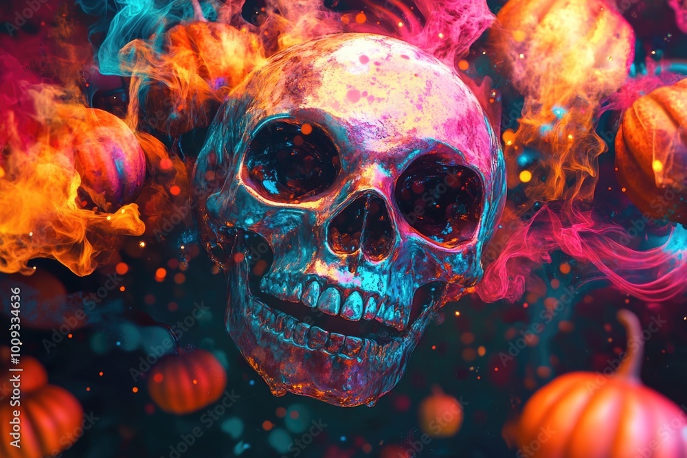 Poster A colorful skull surrounded by pumpkins, perfect for Halloween decorations or spooky-themed events