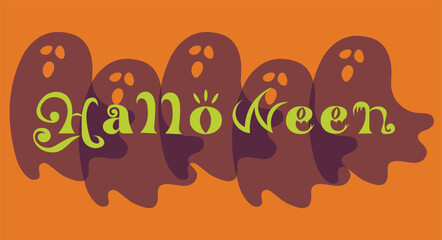 Halloween horizontal banner with text Halloween, vector logo. Ghosts on an orange background	