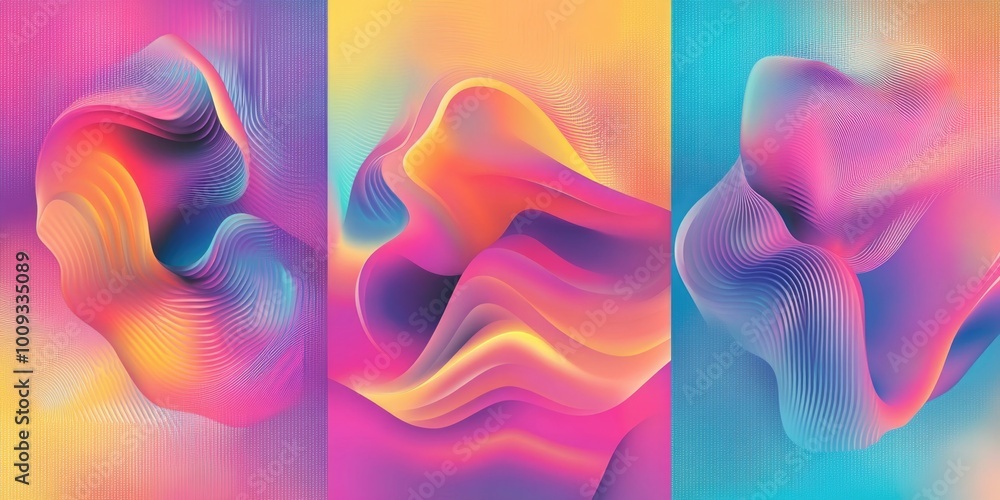 Poster three colorful images with vibrant hues and abstract shapes