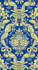  vintage floral pattern in yellow and green on blue background.