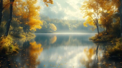 Fototapeta premium Tranquil lake in an autumn forest, surrounded by vibrant golden leaves, with a misty sky above.