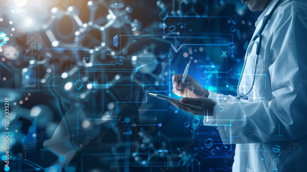 Poster a doctor is writing on a tablet in front of a computer screen with a lot of blue