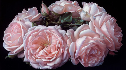 Soft pink roses arranged in a circle, delicate floral design on a black background