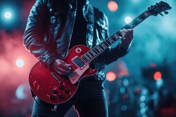 Obraz premium A musician strums his guitar while wearing a bold leather jacket, perfect for use in music-themed visuals or promotional materials