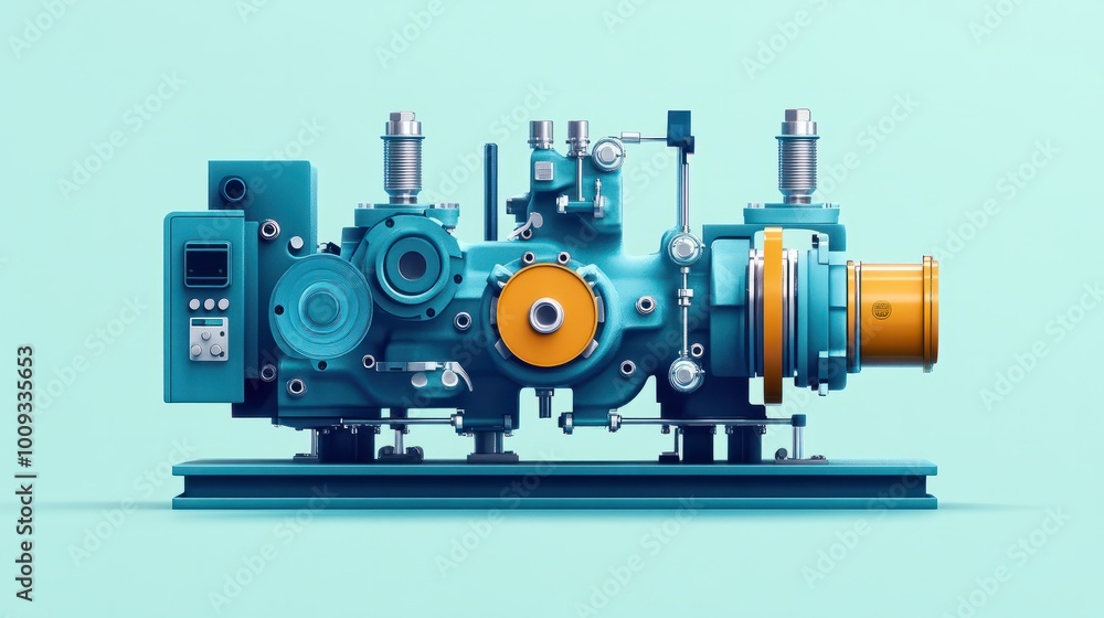 Poster mechanical hydraulic compressor mechanism in flat design with side view, animated in complementary c