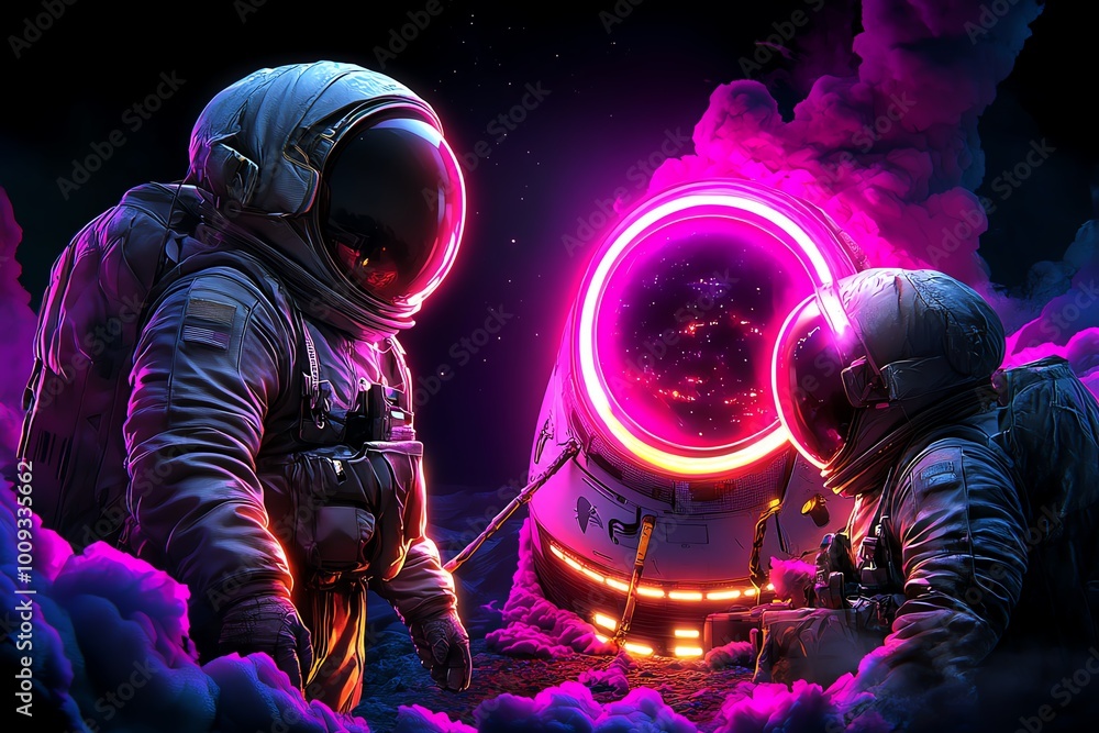 Poster a futuristic farewell between two space travelers, where one steps into a glowing spacecraft while t