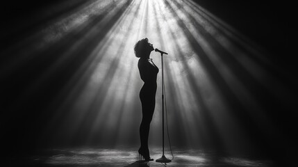 Silhouette of a female singer performing on stage with a spotlight shining down on her.