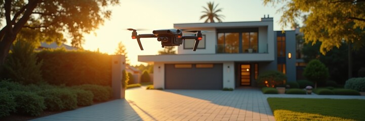 A drone captures stunning aerial footage of a modern home, showcasing innovative technology and beautiful architecture in a serene suburban setting.