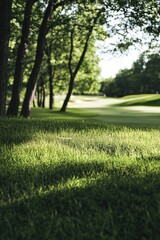Obraz premium A serene outdoor scene featuring a lush green field with trees and grass in the foreground