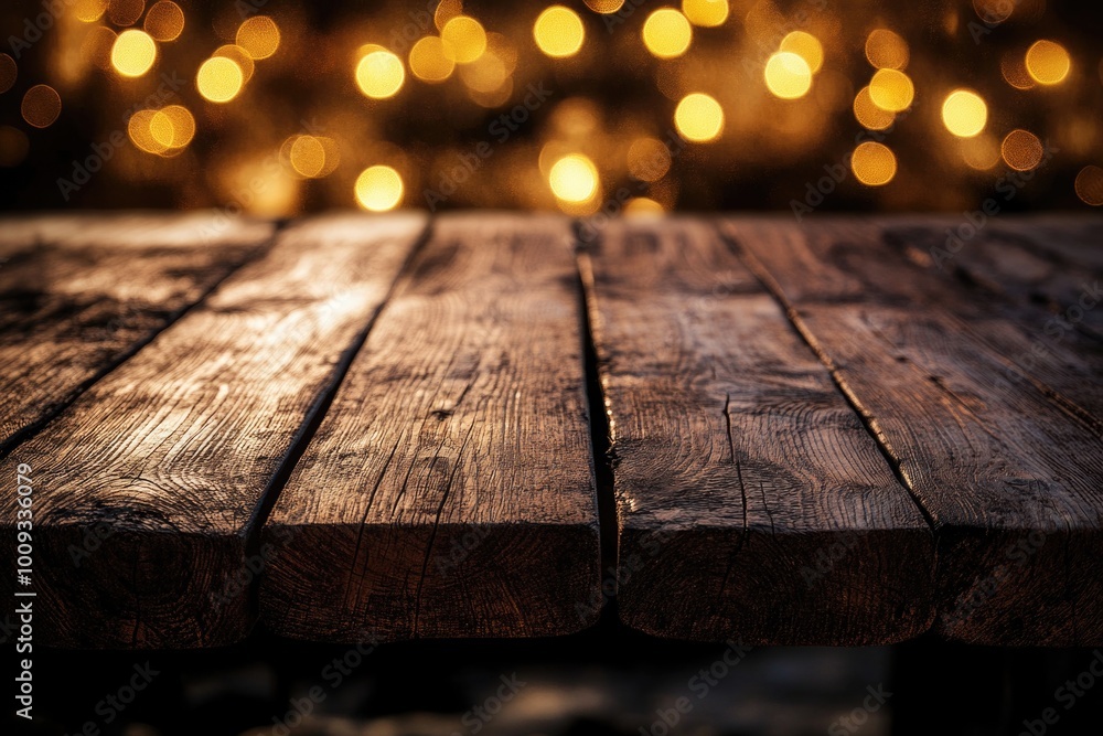 Poster A wooden table with soft lighting in the background