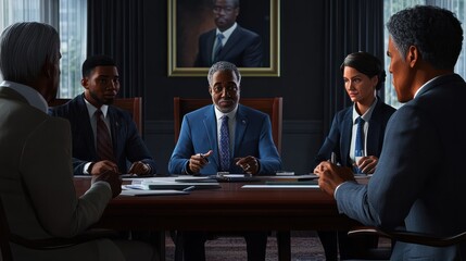 Multicultural team sitting around a table, engaged in a meeting or discussion, A digital representation of a diverse group of coworkers collaborating in a corporate setting