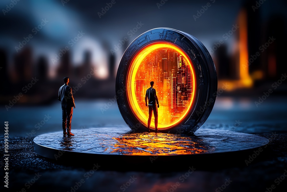 Poster a futuristic farewell scene in a high-tech city, where one figure steps into a glowing portal while 