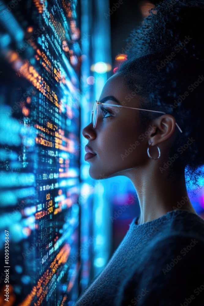 Poster a person sitting in front of a computer screen, focused on her work