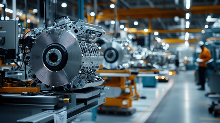 Fototapeta premium Automotive engine assembly line in modern factory, focus on machinery.