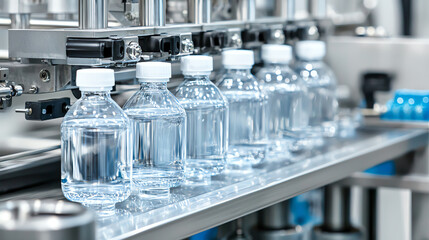 Bottled water production line with clear plastic bottles on conveyor.