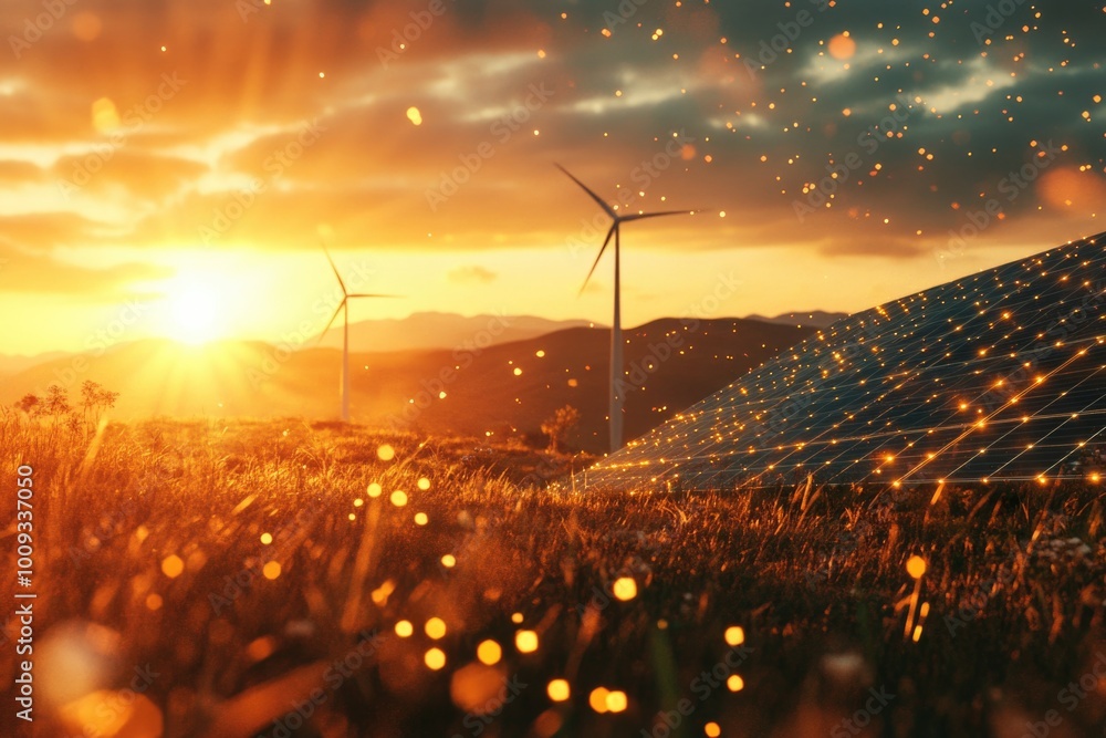 Poster a field with wind turbines in the distance