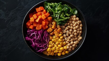 Photo of a balanced Buddha bowl with colorful ingredients. Generative AI