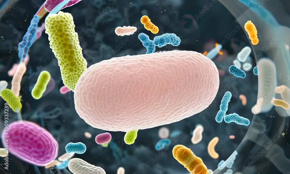 Poster diverse bacteria collection in microscopic setting for 3d render.