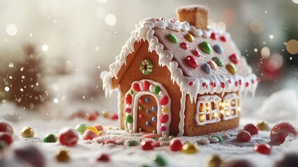 A cozy gingerbread house adorned with colorful candies and icing, set against a softly lit snowy background, perfect for holiday-themed projects, baking articles, or festive marketing materials,