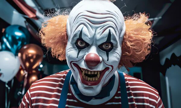 Creepy clown with wide grin in dimly lit room.